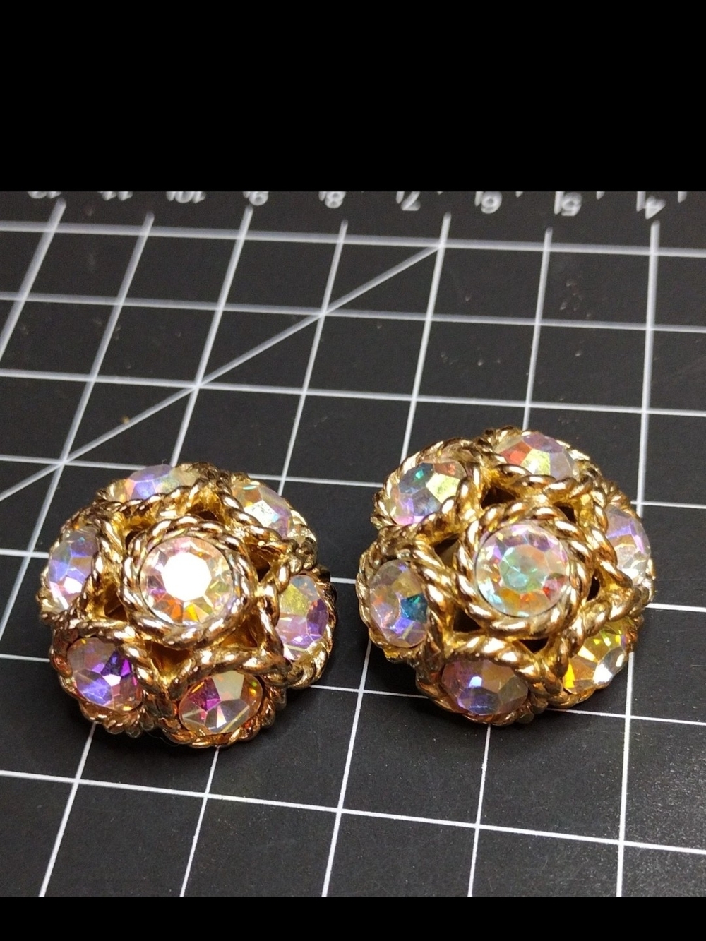 Vintage 1968 Sarah Coventry Dancing Magic Gold Tone Aurora Borealis Clip Earring